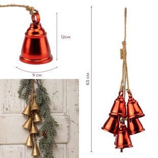 Декоративна підвіска Дзвіночки Christmas bells (6 шт.) 63 см, метал, джут (6033-024) 6033-024 фото