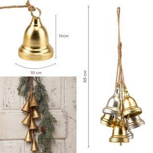 Декоративна підвіска Дзвіночки Christmas bells (6 шт.) 65 см, метал, джут (6033-023) 6033-023 фото