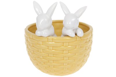 Кашпо декоративне Кролики в кошику, 15 см, квіти — жовтий з білим (733-397) 733-397 фото