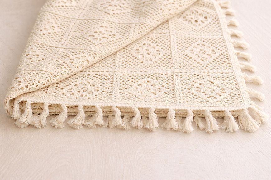 Скатерть хлопчатобумажная, вязаное кружево с кистями 150*220см, Boho Crochet, беж, ( 445-289) 445-289 фото