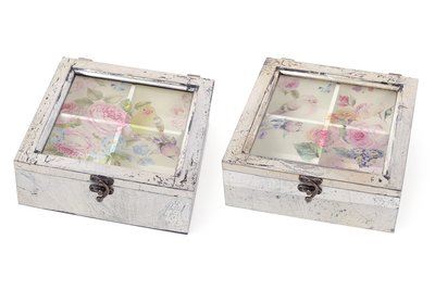Коробка для чаю дерев'яна з скляною кришкою птахів, колір - срібло антик 487-311 487-311 фото
