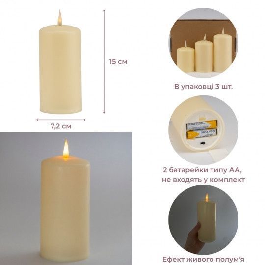 Набор из 3х светодиодных свечей (LED) 7.2*15см., (12.5см, 10см.), пластик, кремовые, (6032-020) 6032-020 фото